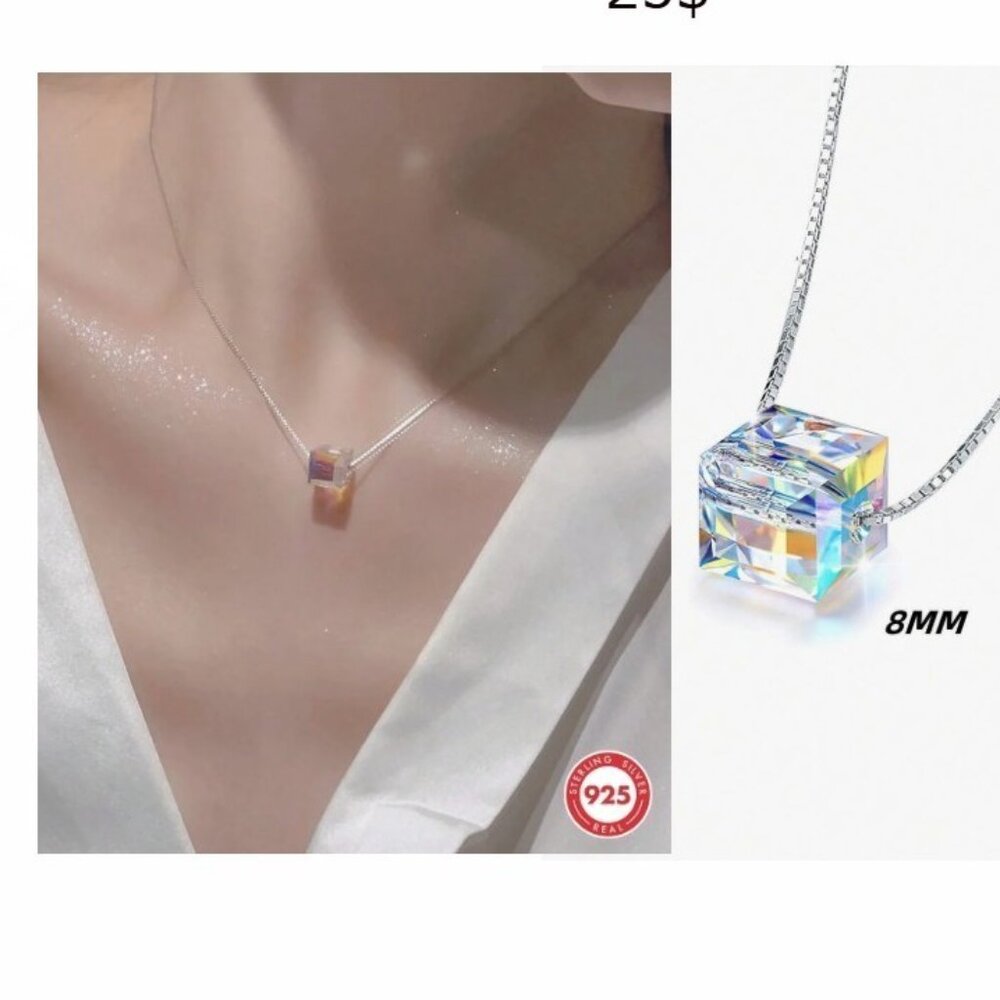 NWT sterling silver chain necklace cristal cube pendent